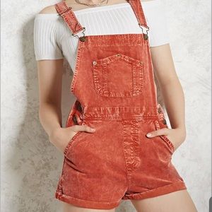 F21 red overall shorts